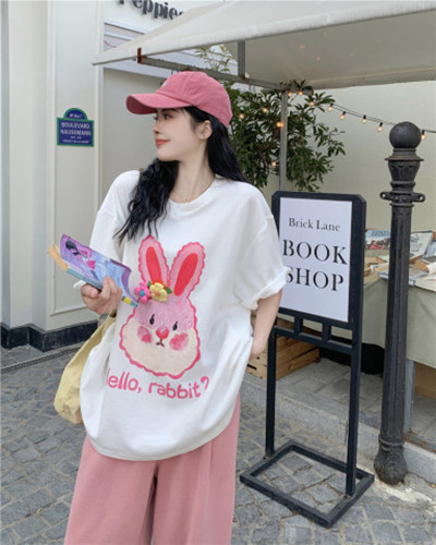 Back pack collar cotton combed tight three-dimensional flowers cute bunny all-match age-reducing loose T-shirt for women