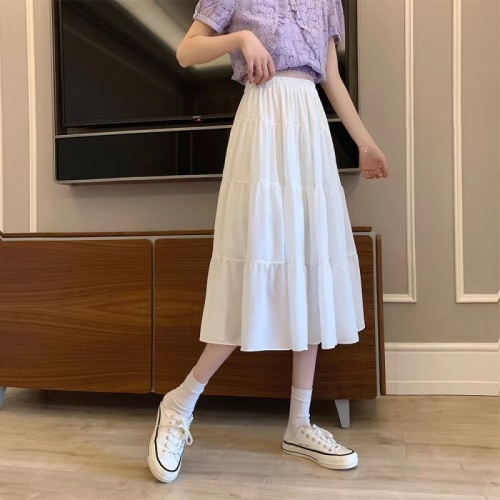 Summer 2023 new white skirt high waist slimming mid-length cake skirt chiffon small girls a-line skirt