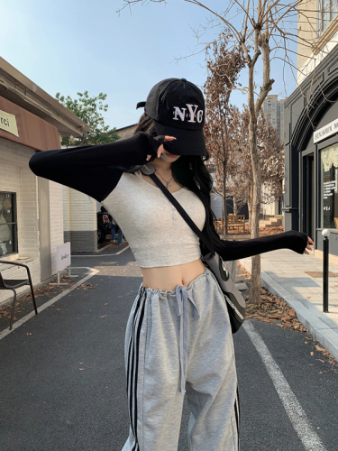 Real shot real price hooded slim fit short long-sleeved T-shirt top women + wide-leg pants casual sports two-piece suit