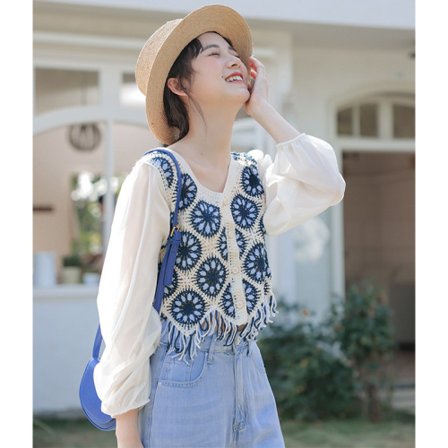 Small fresh student sweet lady lace jacket crochet chiffon fringed top women 23 summer