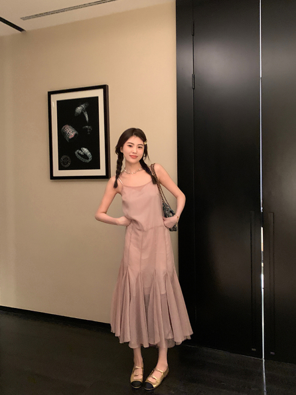 High-end smoke pink heavy skirt romantic niche fairy dress with straps