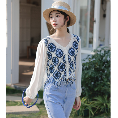 Small fresh student sweet lady lace jacket crochet chiffon fringed top women 23 summer