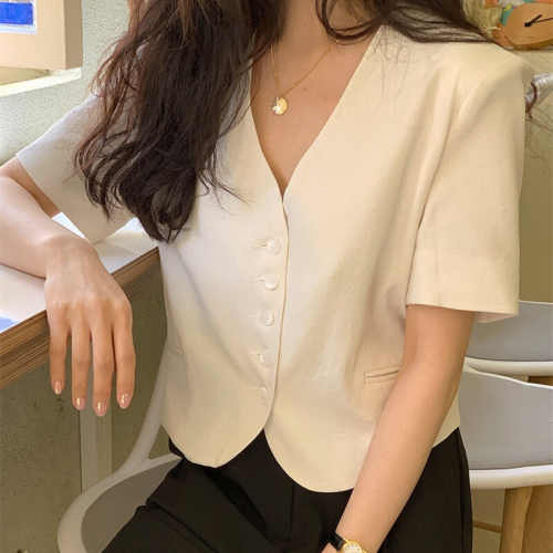 Korean chic recommends solid color V-neck slim short-sleeved short coat shirt tops