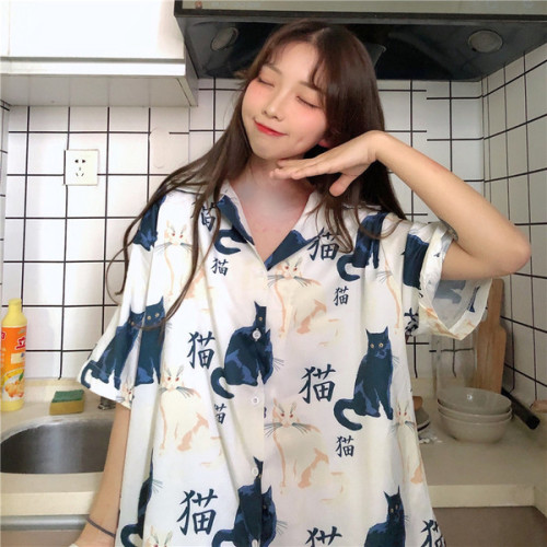Retro Hong Kong style chic short-sleeved shirt Harajuku style V-neck cat print shirt