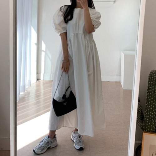 Korean chic irregular waistline gas gray retro puff sleeve loose dress