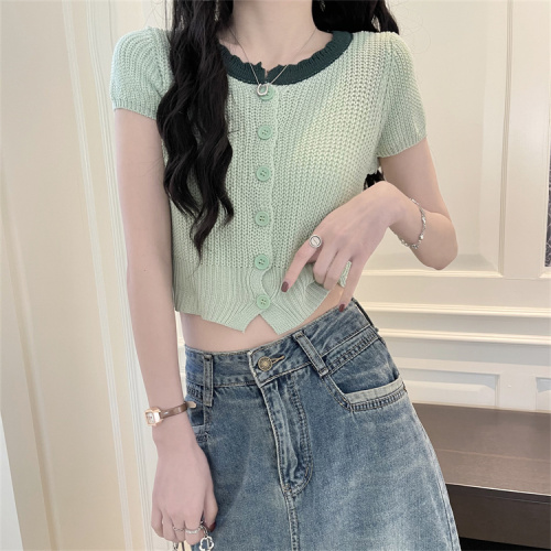 Real price real shot hit color short-sleeved knitted cardigan women's summer design sense niche slim chic chic short top