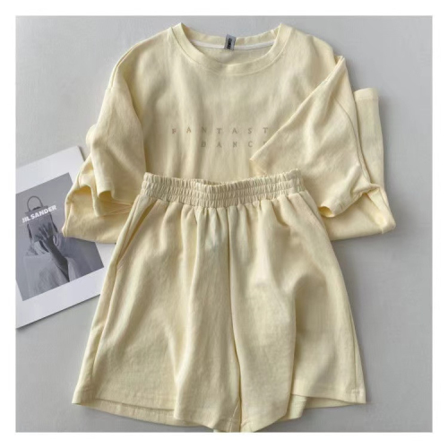 Casual lazy wind letter short-sleeved T-shirt suit female students summer wear elastic waist wide-leg shorts two-piece set