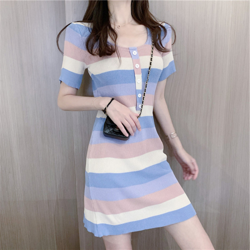 Summer female foreign style Hyun Ya style thin T-shirt knitted striped dress can be salty or sweet bottoming skirt