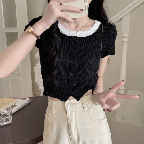 Real price real shot hit color short-sleeved knitted cardigan women's summer design sense niche slim chic chic short top