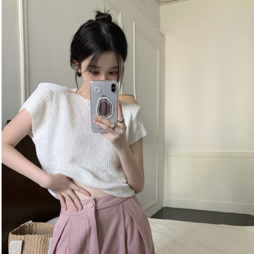 Fashion Hong Kong style retro gray short-sleeved knitted sweater women's summer 2023 new design sense niche short top