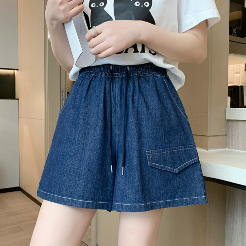 Real shot denim shorts women's summer 2023 high waist thin and thin loose a-line straight wide-leg pants five-point pants