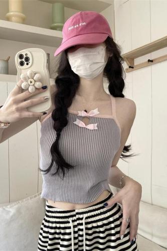 Real price real shot hot girl bow knitted camisole female summer sleeveless hollow sexy short top