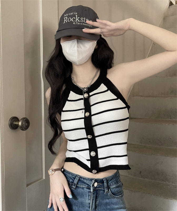 Real price real shot striped knitted camisole female design sense niche hanging neck short sleeveless top