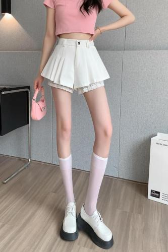 Real shot 2023 spring and summer lace hem splicing high waist wide leg casual culottes versatile suit shorts show long legs