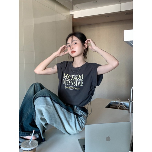 Official picture 6535 pull frame cotton letter printing round neck gray short-sleeved T-shirt women's summer  new style