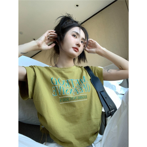 Official picture 6535 pull frame cotton letter printing round neck gray short-sleeved T-shirt women's summer 2023 new style