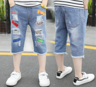 Children's trousers summer new foreign style trousers breathable ripped jeans medium and big children's five-point pants boys casual pants