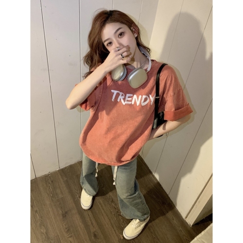 Official picture 6535 pull frame cotton American retro old T-shirt female summer 2023 new short-sleeved letters