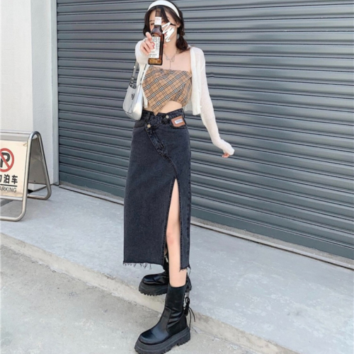 2023 New Irregular Split Denim Skirt Women's Summer Thin Slim Mid Length A-Line Wrap Hip Skirt