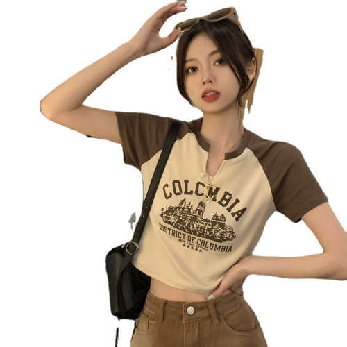 Fashion super hot summer new pit hot girl V-neck short-sleeved T-shirt women's summer sweet and spicy American retro short top women's tide
