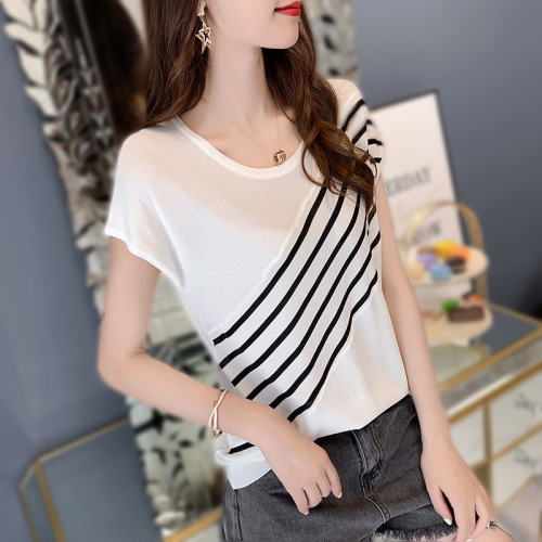 Striped short-sleeved t-shirt women's loose Hong Kong style aircraft sleeve top  summer new ice silk sweater thin ins tide