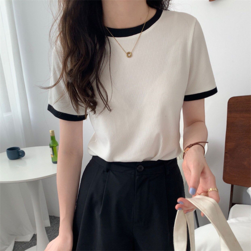 Fashion super hot summer new pit strip hit color round neck short-sleeved T-shirt women's short section self-cultivation temperament thin top trend