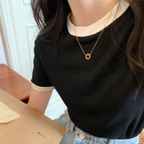 Fashion super hot summer new pit strip hit color round neck short-sleeved T-shirt women's short section self-cultivation temperament thin top trend