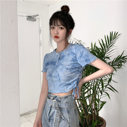 New summer fashion hot girl all-match niche blue tie-dye drawstring short top