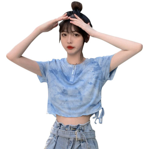 New summer fashion hot girl all-match niche blue tie-dye drawstring short top