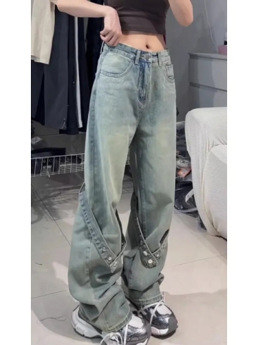 American pants vibe retro high-waisted jeans women's summer new loose slim and small wide-leg mopping pants