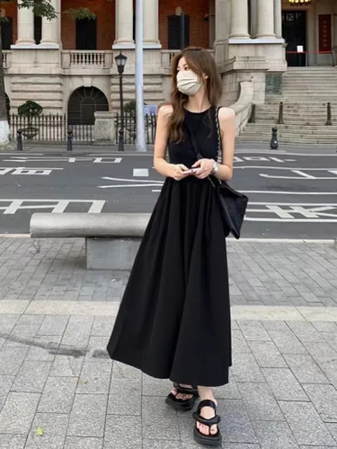 Black vest skirt female summer Korean style retro sleeveless long swing skirt slim temperament dress  new