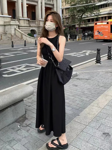 Black vest skirt female summer Korean style retro sleeveless long swing skirt slim temperament dress  new