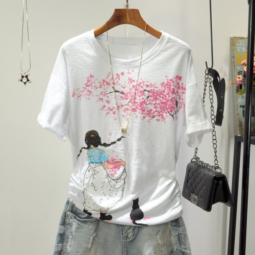 Official website image: Slub Cotton  New Multiple Options Short Sleeve Print T-shirt Women's Loose Versatile Korean Summer Top