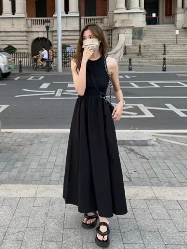 Black vest skirt female summer Korean style retro sleeveless long swing skirt slim temperament dress  new