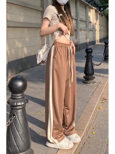 Real time shooting of summer American striped sports pants Loose Wei pants Wide leg pants Floor pants Casual women's fashion label High waist straight pants