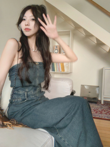 Real price Retro sweet and spicy high-waisted tube top mid-length slit denim dress
