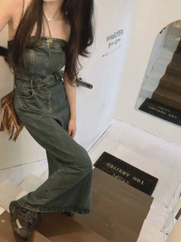 Real price Retro sweet and spicy high-waisted tube top mid-length slit denim dress