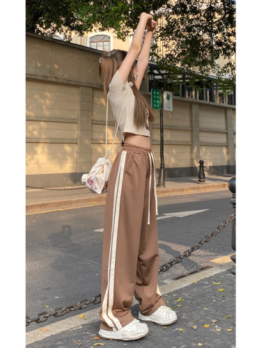 Real time shooting of summer American striped sports pants Loose Wei pants Wide leg pants Floor pants Casual women's fashion label High waist straight pants