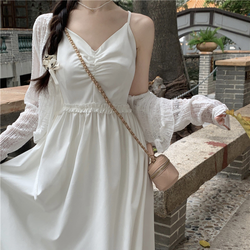 French Summer New First Love Sling Small White Dress with Waist Wrap Sweet and Spicy Fairy Dress Holiday Style Long Dress
