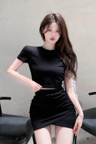 Real shot real price~Spice girl suit female summer backless sexy slim short T-shirt high waist bag hip skirt two-piece set