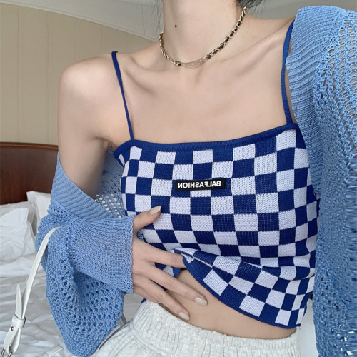Chessboard Style Style Small Strap Tank Top Women's Autumn Design Sensible Spicy Girls Wear Short Inside and Sleeveless Top Outside
