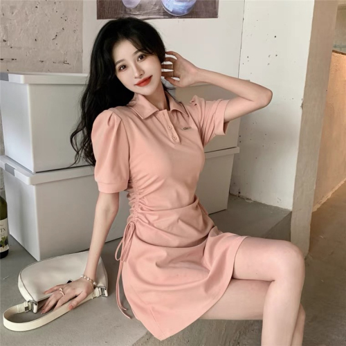Polo collar dress women spring and summer 2023 new drawstring waist slimming slim sweet spicy style pure desire short-sleeved skirt
