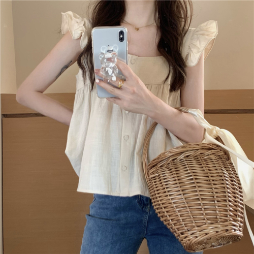 Real price auction of the new Korean style square neck buckle sweet ruffle loose reduced age baby shirt vest