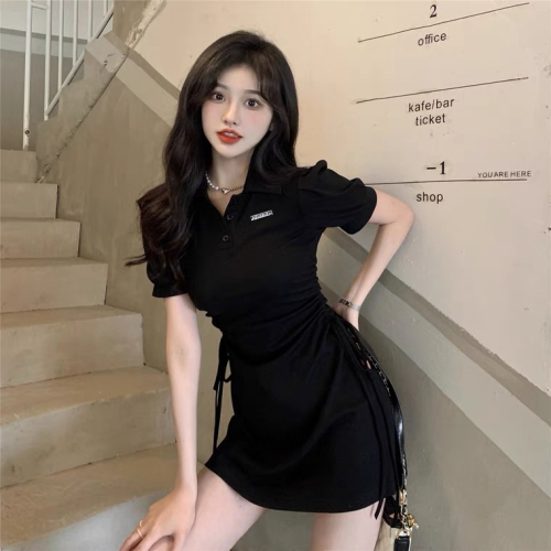 Polo collar dress women spring and summer 2023 new drawstring waist slimming slim sweet spicy style pure desire short-sleeved skirt