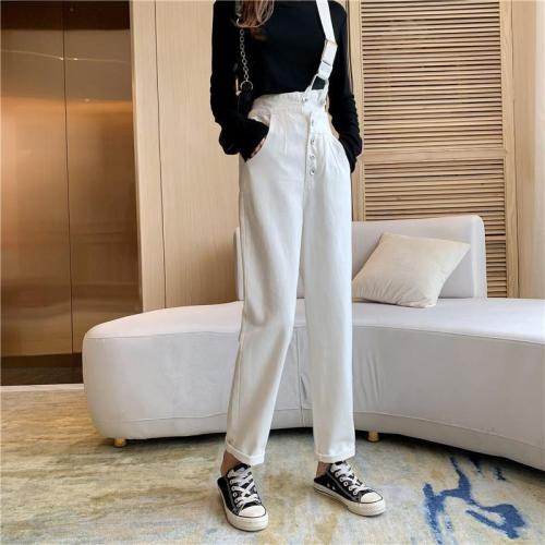 Spring and autumn Korean version of high waist one shoulder suspenders jeans women's large size fat mm loose slim nine points wide leg daddy pants trendy