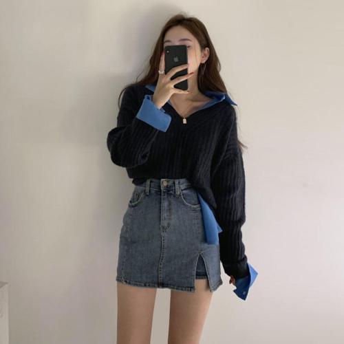 Korea 2023 large size sexy side slit bag hip denim shorts short skirt female skirt high waist a word