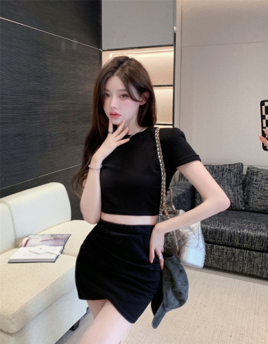 Real shot real price~Spice girl suit female summer backless sexy slim short T-shirt high waist bag hip skirt two-piece set
