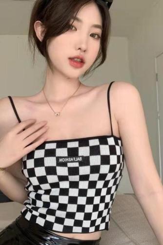 Chessboard Style Style Small Strap Tank Top Women's Autumn Design Sensible Spicy Girls Wear Short Inside and Sleeveless Top Outside