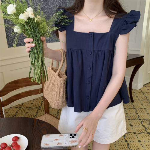 Real price auction of the new Korean style square neck buckle sweet ruffle loose reduced age baby shirt vest