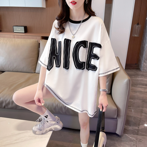 Real shot summer pull frame net patch T-shirt 2023 new large size loose all-match top women